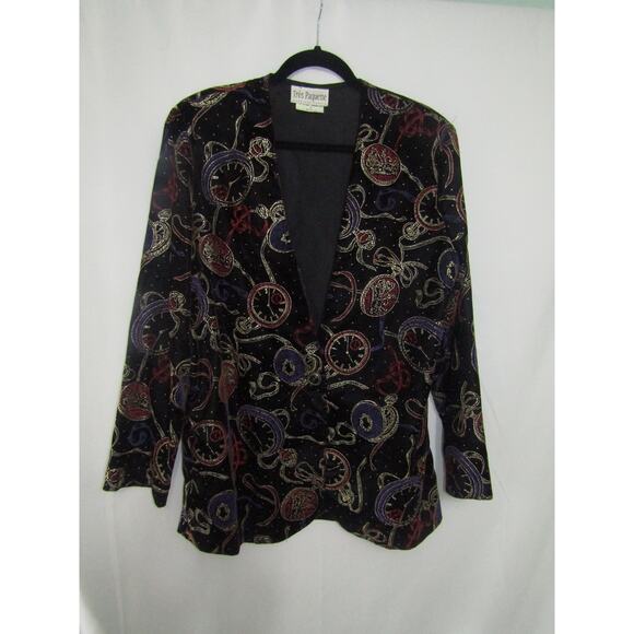 Très Paquette Velvet Blazer Women’s M Black Gold Pocket Watch Print Vintage USA - Picture 1 of 7